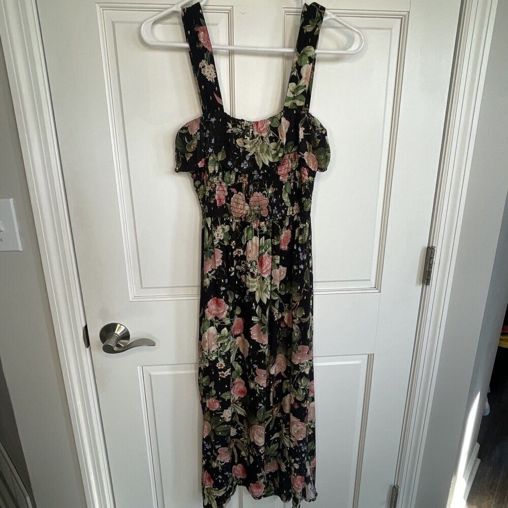 Zara Women's Flowy Ruffle Smocked Midi Dress Size S Strapless Dark Floral Boho - Picture 12 of 14